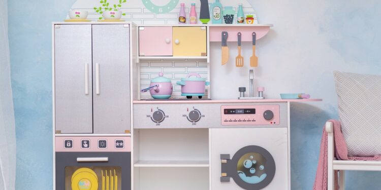 Malowany Las Drewniana kuchnia duża z akcesoriami i światłem