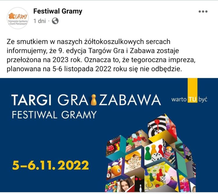 Targi Gra i Zabawa oraz Festiwal Gramy zostały odwołane